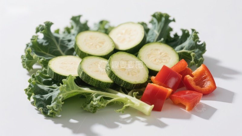 高清大图下载【趣麦麦图】新鲜蔬菜组合：黄瓜、红椒与羽衣甘蓝
