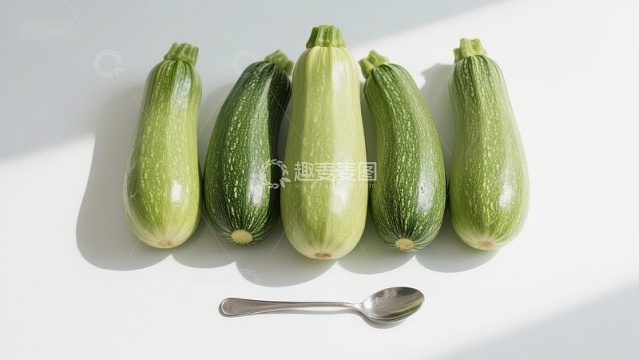 五根青翠的西葫芦与一把小勺