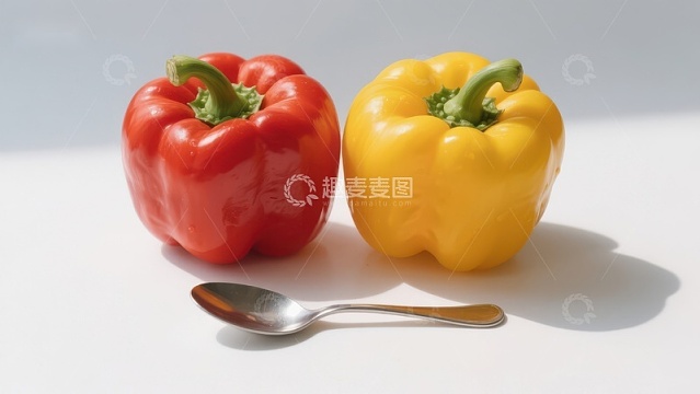红黄彩椒与银勺静物组合