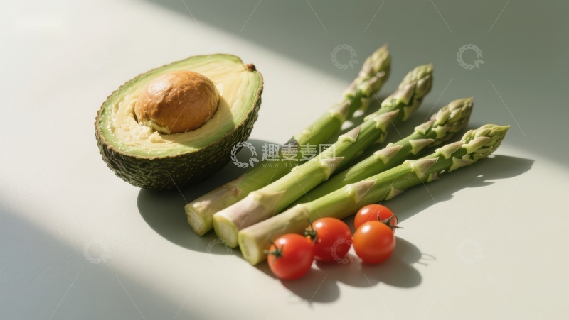 高清大图下载【趣麦麦图】新鲜蔬菜组合：牛油果、芦笋与樱桃番茄