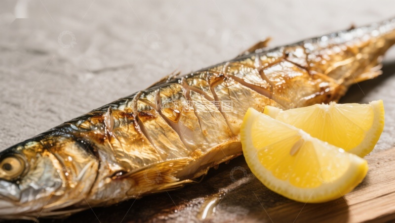高清大图下载【趣麦麦图】烤鱼配柠檬，美味健康佳肴