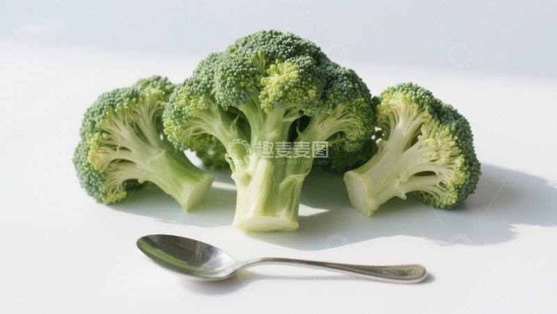 高清大图下载【趣麦麦图】新鲜西兰花与银勺的静物组合