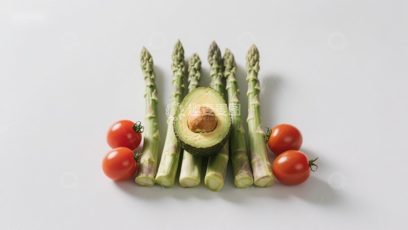 高清大图下载【趣麦麦图】新鲜蔬菜排列：芦笋、樱桃番茄与牛油果