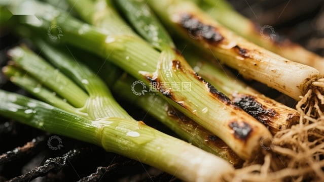 烤制的青葱特写