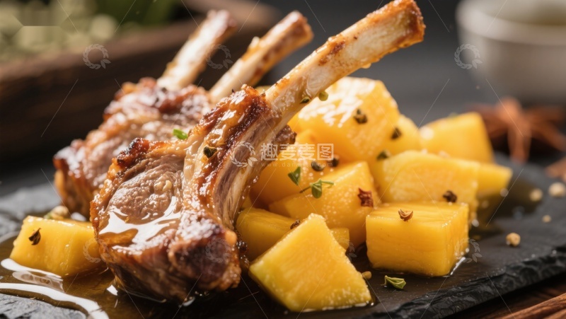 高清大图下载【趣麦麦图】烤羊排配南瓜块美食特写