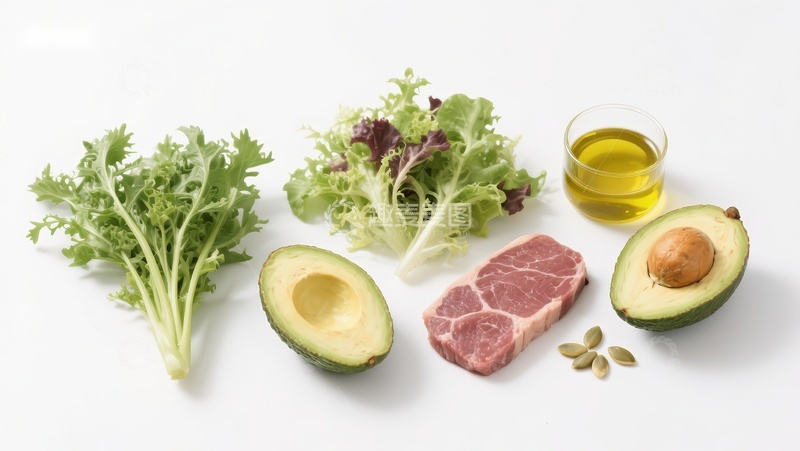 高清大图下载【趣麦麦图】健康食材组合：牛排、牛油果、生菜与橄榄油
