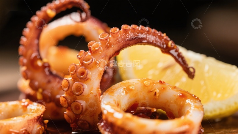 高清大图下载【趣麦麦图】烤鱿鱼配柠檬，美味海鲜佳肴