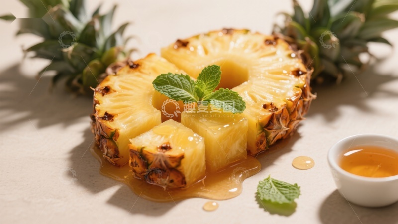 高清大图下载【趣麦麦图】新鲜菠萝切片配蜂蜜与薄荷
