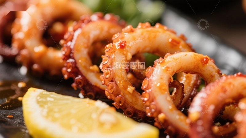 高清大图下载【趣麦麦图】香辣鱿鱼圈配柠檬片