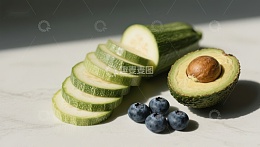 切片黄瓜、牛油果与蓝莓的静物组合