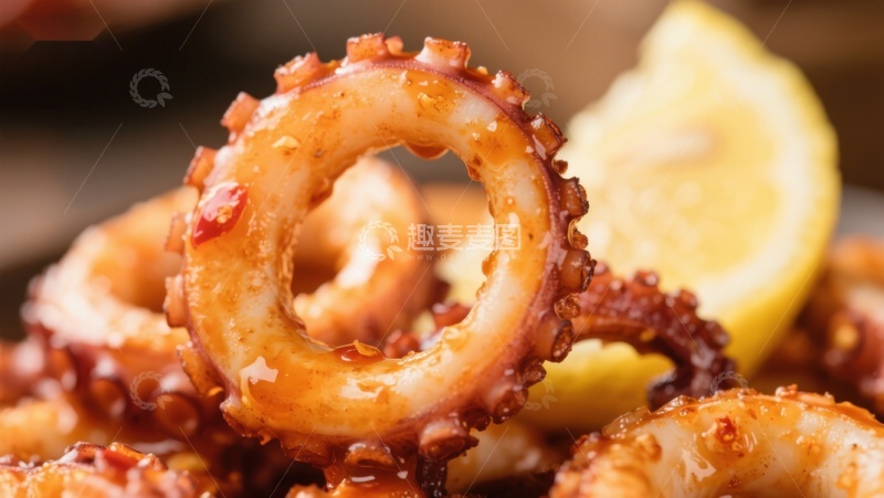 高清大图下载【趣麦麦图】香辣鱿鱼圈配柠檬