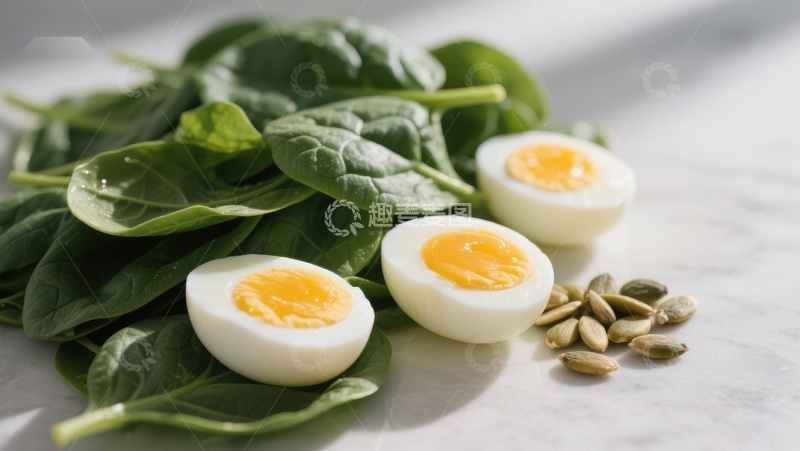 高清大图下载【趣麦麦图】菠菜配煮鸡蛋与南瓜籽