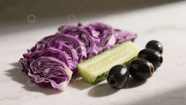 紫甘蓝、黄瓜和黑橄榄的清新组合