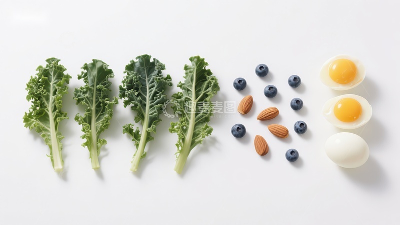 高清大图下载【趣麦麦图】健康食材排列：羽衣甘蓝、蓝莓、杏仁和鸡蛋