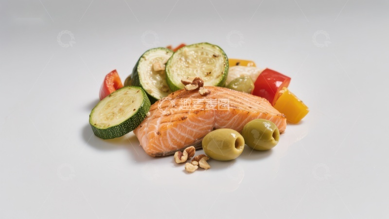 高清大图下载【趣麦麦图】三文鱼配时蔬与橄榄