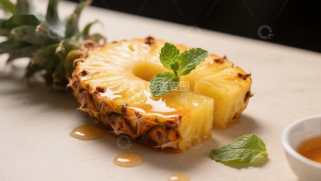新鲜菠萝切片配蜂蜜与薄荷