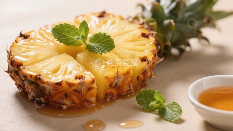 高清大图下载【趣麦麦图】新鲜菠萝切片配蜂蜜与薄荷