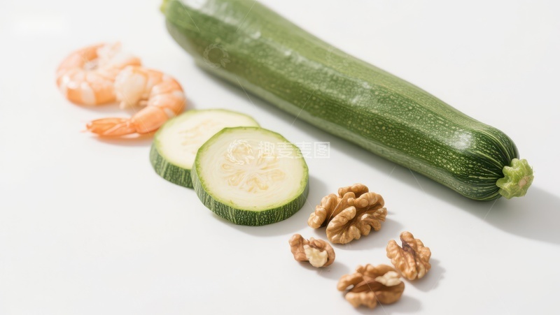 高清大图下载【趣麦麦图】西葫芦、虾仁与核桃的健康组合