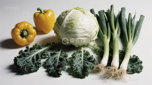 新鲜蔬菜组合：卷心菜、青葱、甜椒与羽衣甘蓝