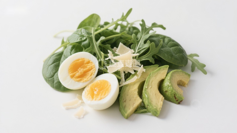 高清大图下载【趣麦麦图】鸡蛋、牛油果与芝麻菜的健康组合