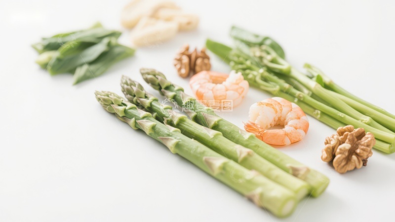 高清大图下载【趣麦麦图】芦笋虾仁核桃健康食材