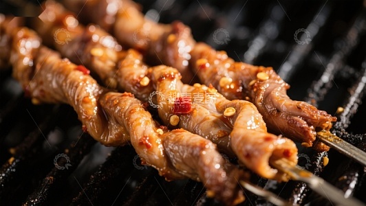 烤肉串上的美味鸡肉正在烧烤