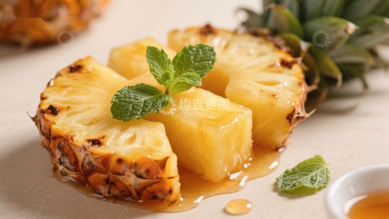 高清大图下载【趣麦麦图】新鲜菠萝切片配薄荷与蜂蜜