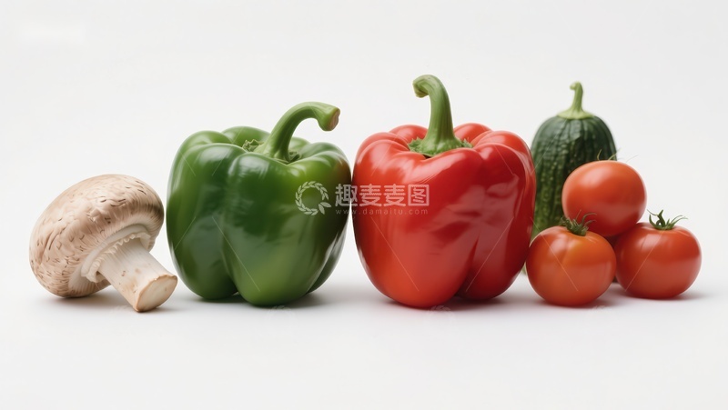 高清大图下载【趣麦麦图】新鲜蔬菜展示：彩椒、蘑菇与番茄