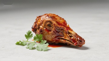 烤制鸭头配香菜装饰