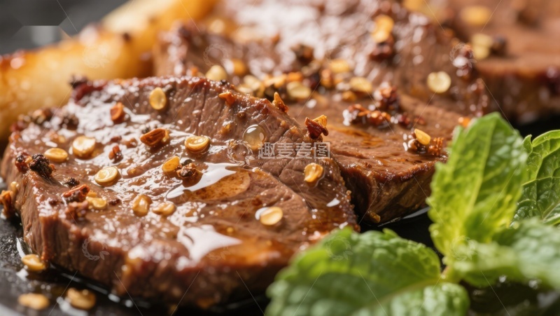 高清大图下载【趣麦麦图】香煎牛肉片配芝麻与薄荷
