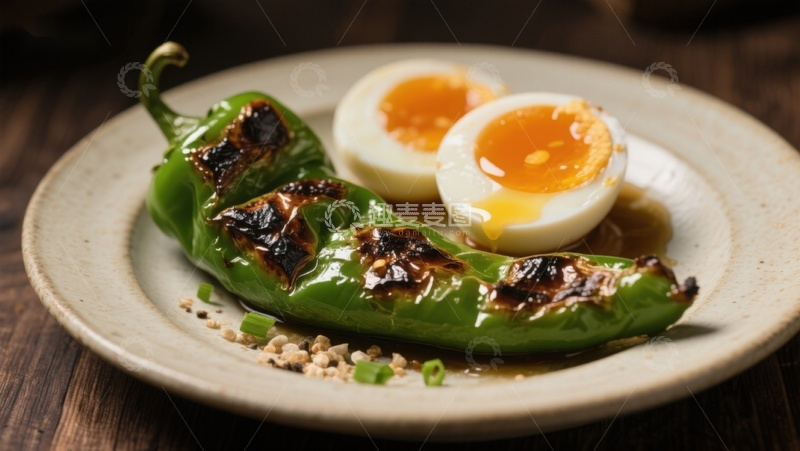 高清大图下载【趣麦麦图】烤青椒配半熟蛋