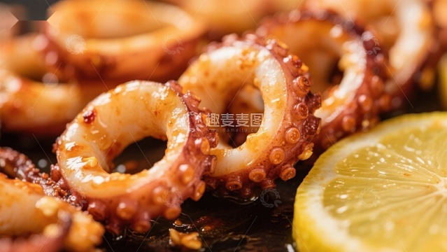 香辣鱿鱼圈配柠檬片
