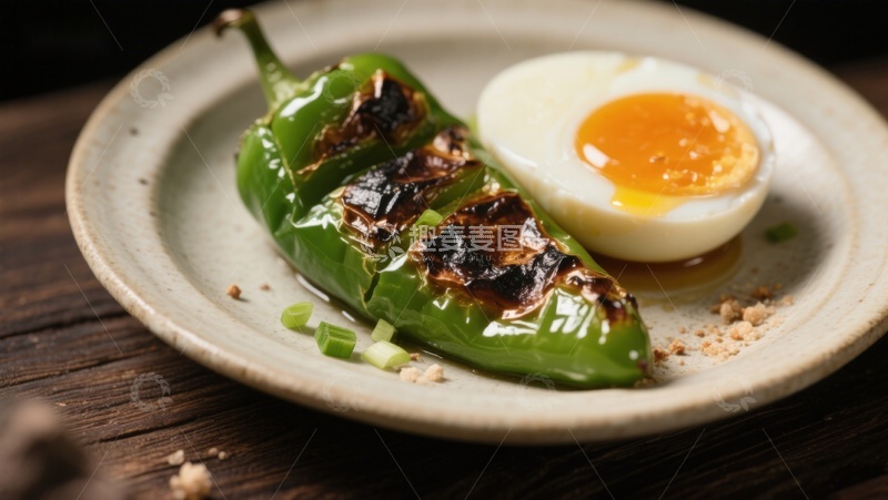 高清大图下载【趣麦麦图】烤青椒配半熟蛋