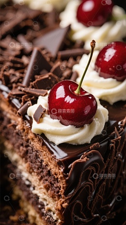 黑森林蛋糕切片，樱桃与奶油点缀