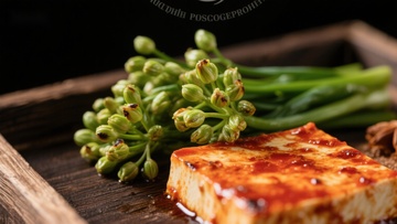 煎豆腐配青菜与花蕾