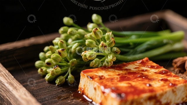 煎豆腐配青菜与花蕾