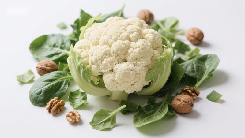 高清大图下载【趣麦麦图】新鲜花椰菜与核桃绿叶相伴