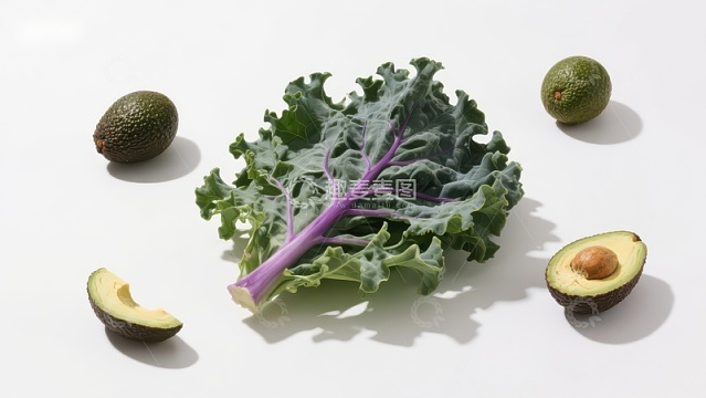 羽衣甘蓝与牛油果的静物组合