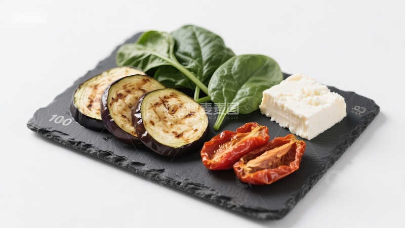 高清大图下载【趣麦麦图】烤茄子配菠菜、番茄干和羊乳酪