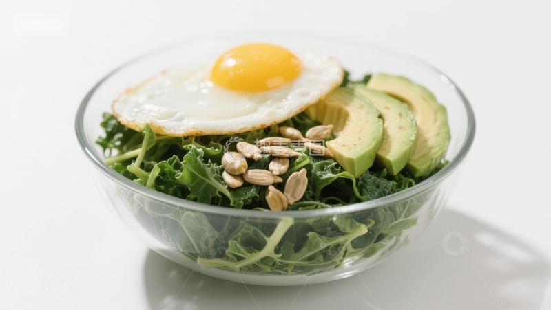 高清大图下载【趣麦麦图】健康早餐碗：煎蛋、牛油果与绿叶蔬菜