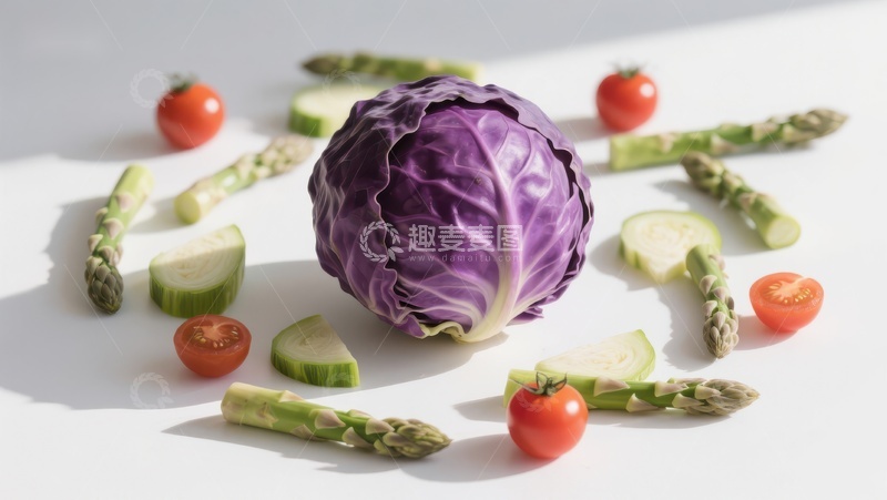 高清大图下载【趣麦麦图】紫甘蓝与新鲜蔬菜的静物组合