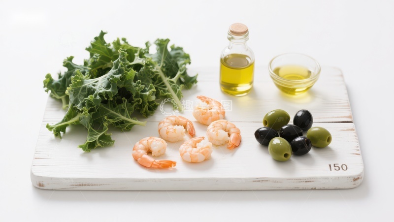 高清大图下载【趣麦麦图】新鲜食材：虾仁、橄榄、生菜与橄榄油