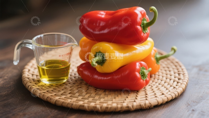 高清大图下载【趣麦麦图】彩椒堆叠与油杯静物