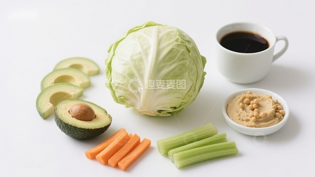 健康食材组合：蔬菜、豆泥与饮品
