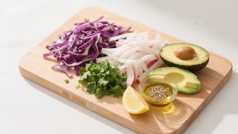 高清大图下载【趣麦麦图】新鲜食材摆放在木质砧板上