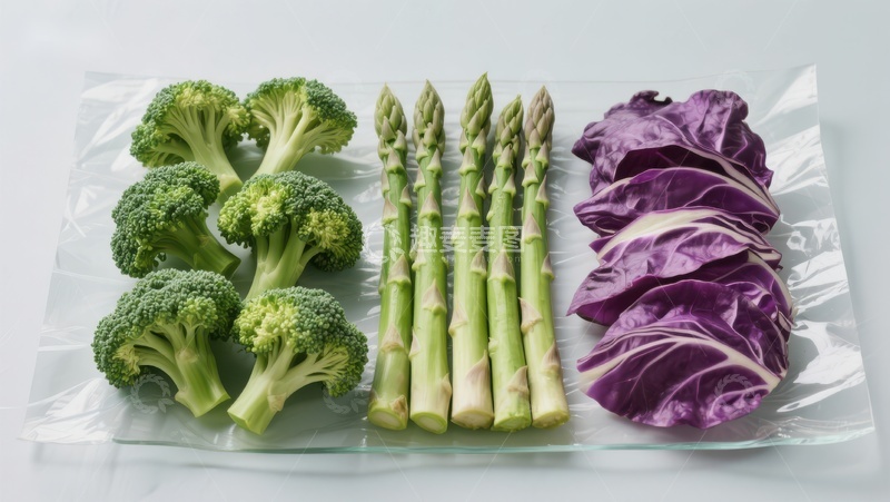 高清大图下载【趣麦麦图】真空包装的西兰花、芦笋和紫甘蓝