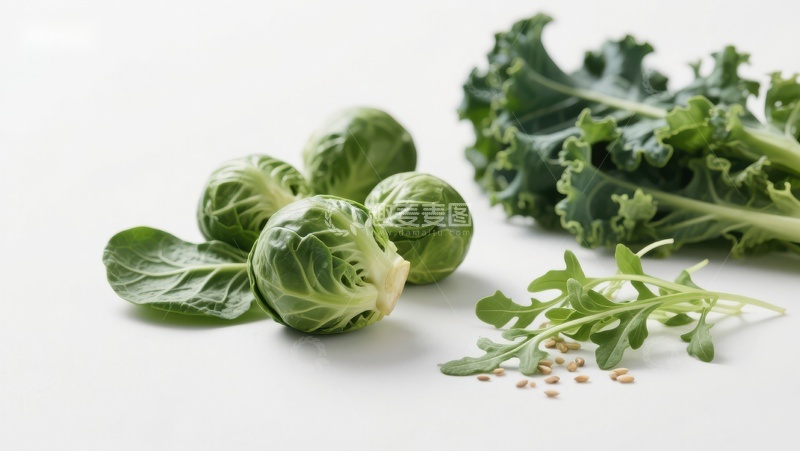 高清大图下载【趣麦麦图】新鲜蔬菜组合：抱子甘蓝、羽衣甘蓝与芝麻菜