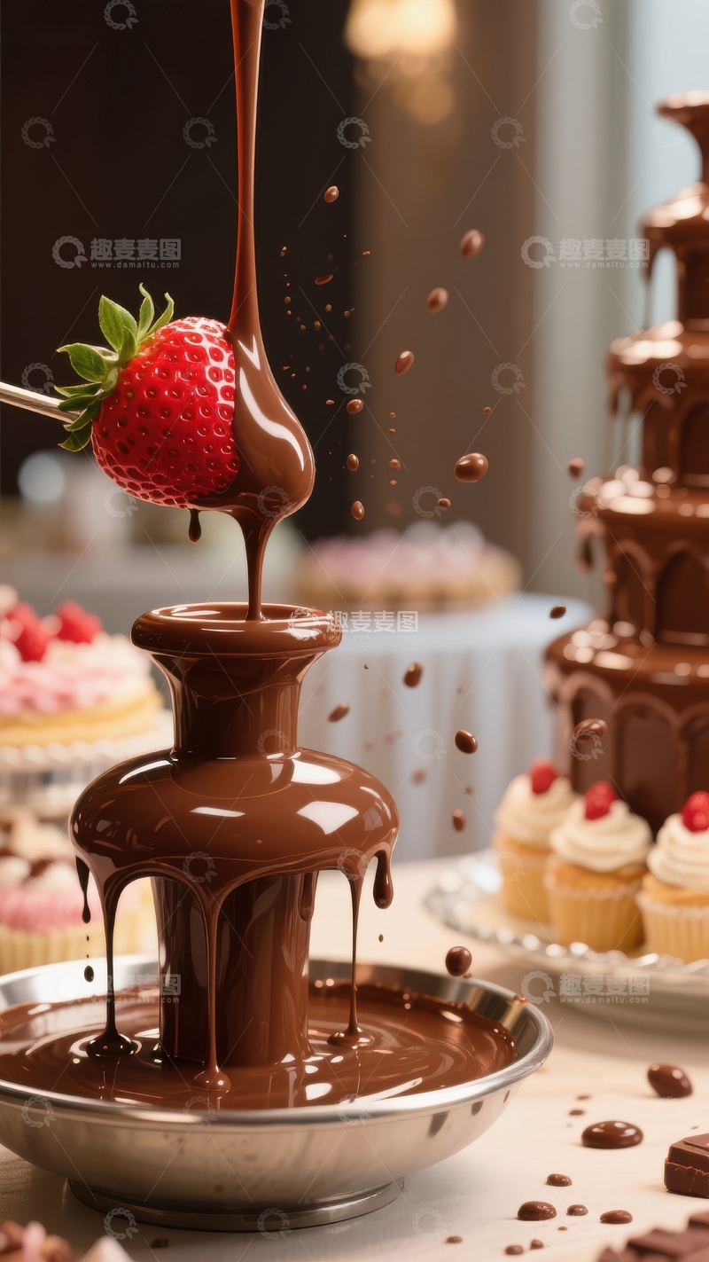 高清大图下载【趣麦麦图】巧克力喷泉与草莓的甜蜜邂逅