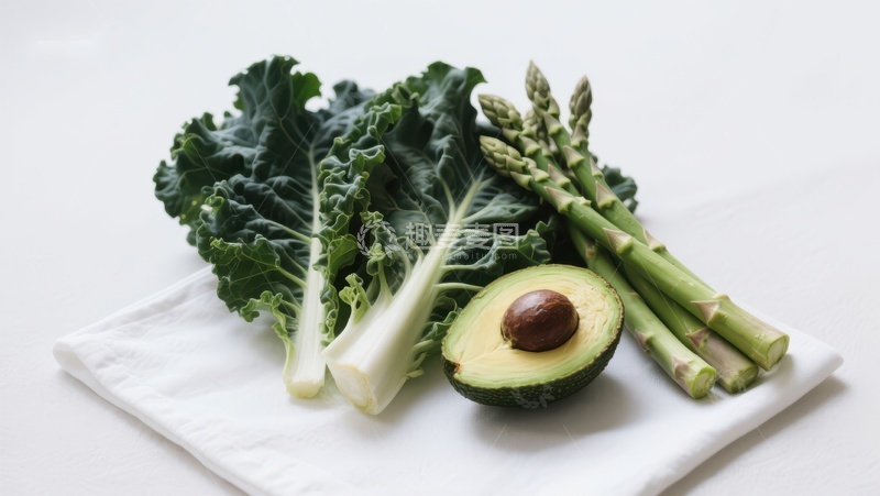 高清大图下载【趣麦麦图】-新鲜蔬菜组合：羽衣甘蓝、芦笋与牛油果