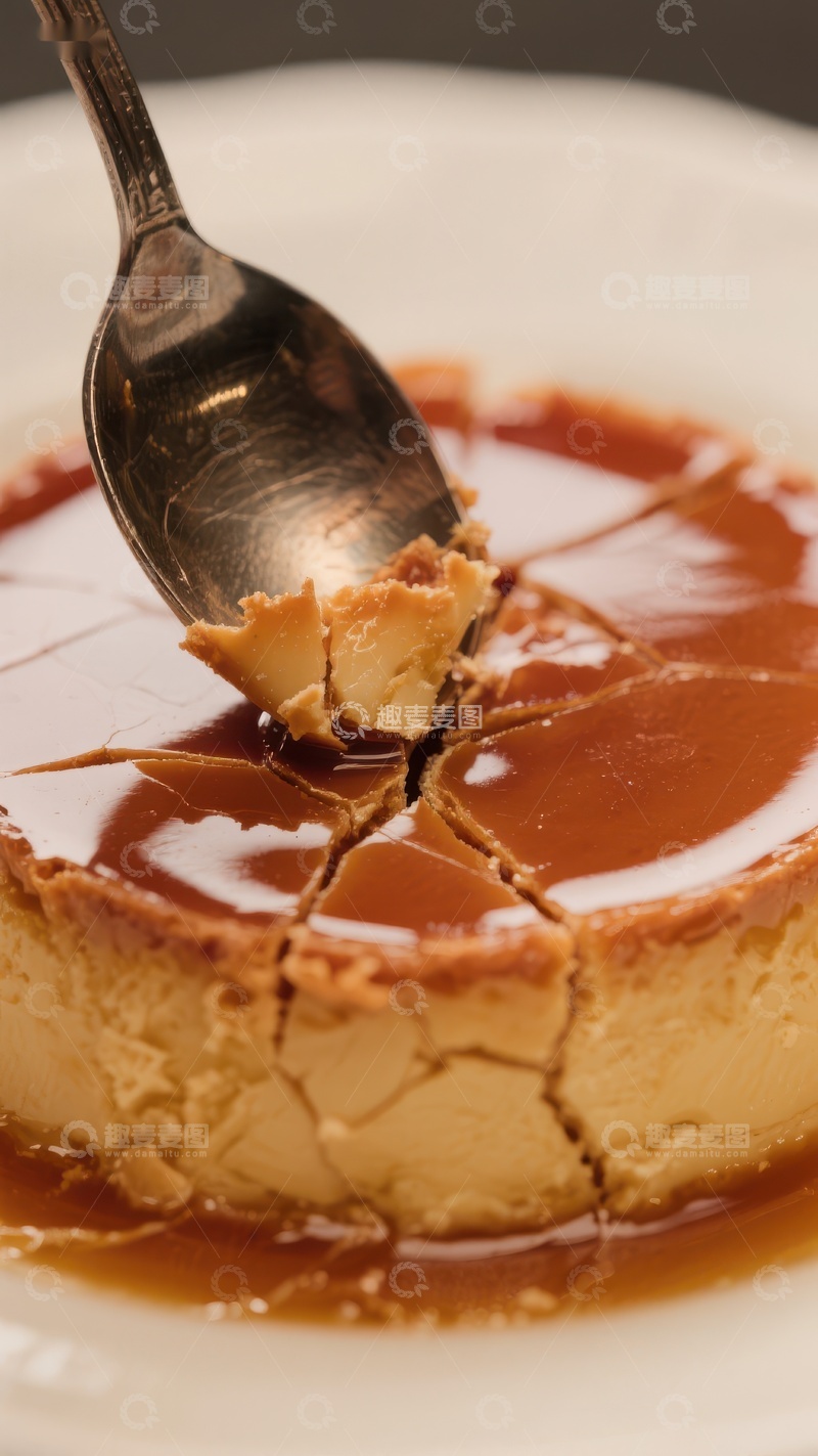 高清大图下载【趣麦麦图】勺子舀起焦糖布丁的一角